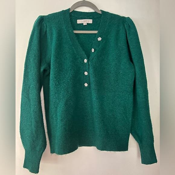 LOFT Green V-Neck Sweater with Button Details - Picture 3 of 6